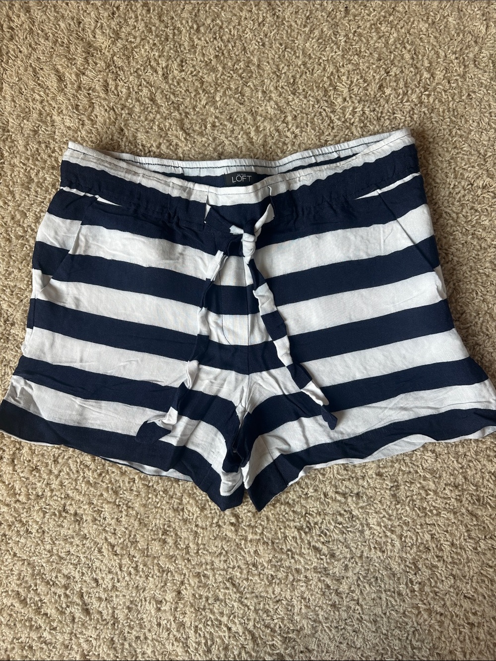 LOFT Navy & White Striped Drawstring Shorts Size M